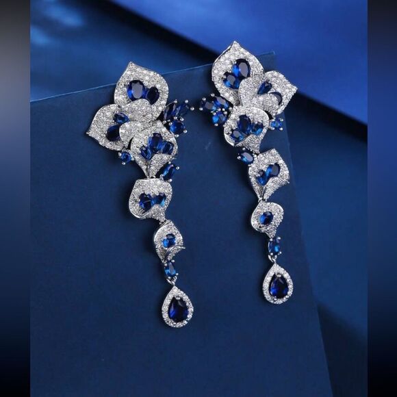 Luxury Blue Crystal Drop Earrings with sterling silver Stud - Picture 7 of 14